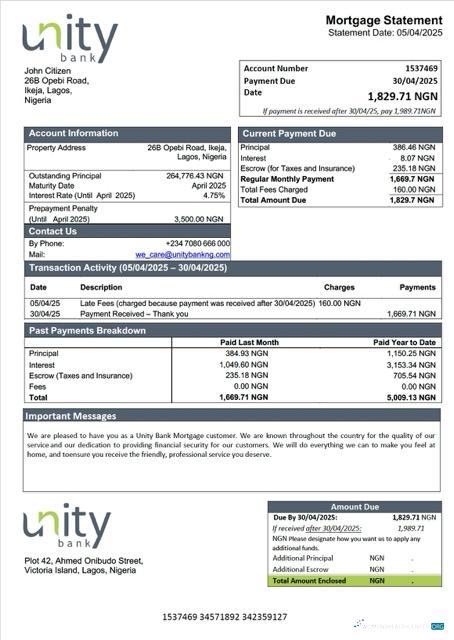 Download Nigeria Unity Bank mortgage statement Word and PDF template Photoshop template